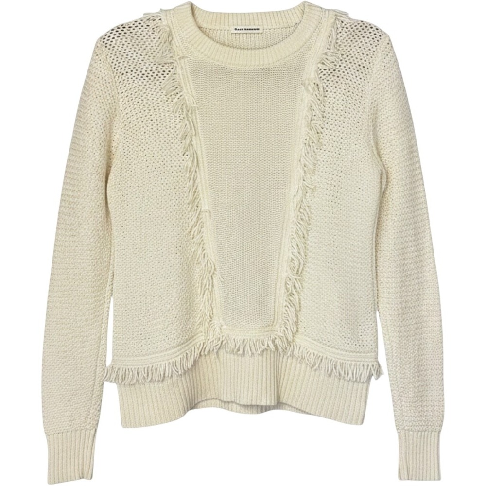 Club Monaco Cream White 100% Cotton Fringe Knit Crewneck Sweater Pullover